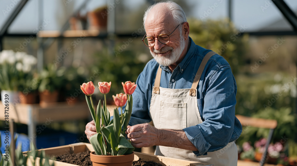 Obraz premium Elderly man with trembling hands carefully arranging tulips in a garden pot during Parkinson awareness day, determination visible on his weathered face, morning light filtering