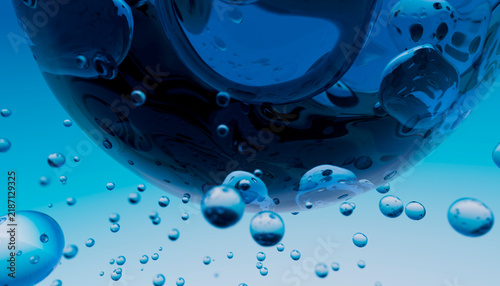 Close-up of blue water bubbles underwater highlighting surface tension
