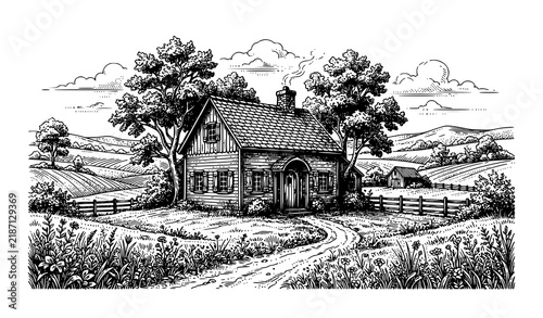 Vintage Old Farmhouse in Countryside Engraving Style Black and White Vector Illustration