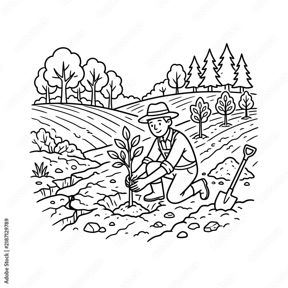 Obraz premium Man kneeling in a field plants a small tree sapling with a shovel nearby, illustrating environmental conservation efforts.