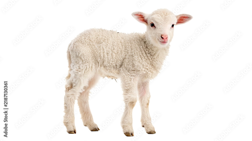 Fototapeta premium Cute fluffy small white domestic lamb sheep standing isolated on transparent background