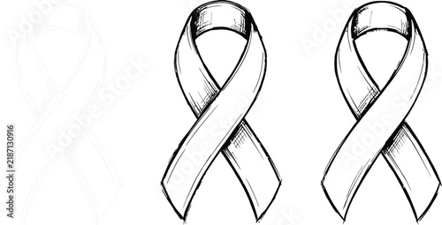 Two delicate black and white sketched awareness ribbons represent support solidarity and remembrance on a clean simple plain white background illustration