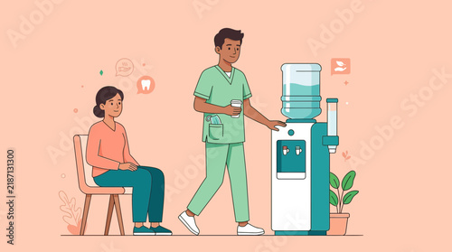 Dentist offers drink to patient in waiting room, dental care concept