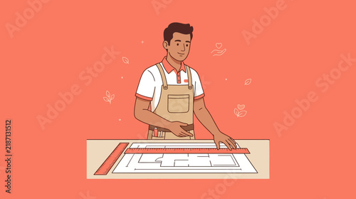 Craftsman measuring blueprint, skilled artisan drafting plans, creative work