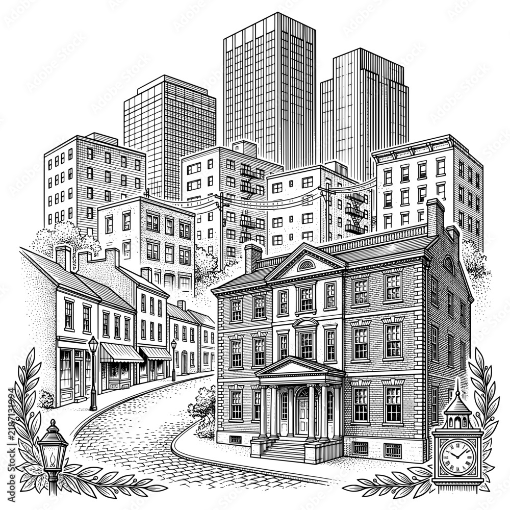 Fototapeta premium Engraved art of a vintage street scene with buildings and a clock in the foreground and skyscrapers in the background