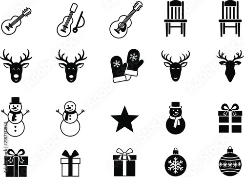 Black silhouette icons representing musical instruments winter animals holiday decorations and festive gift items