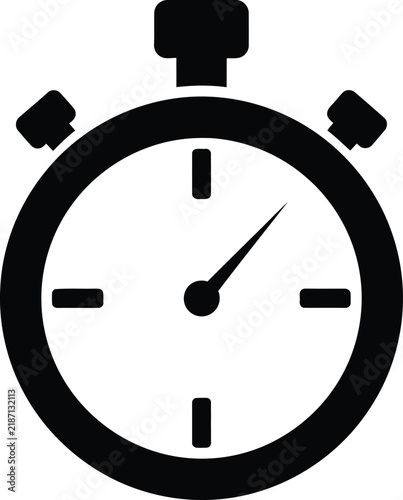 A clean black and white stopwatch icon illustrates the concept of time measurement speed and efficiency with a simple minimalist aesthetic style