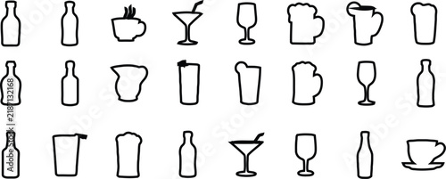 A collection of different drinkware including bottles glasses and cups shown in a simple black and white minimalist illustrative design style