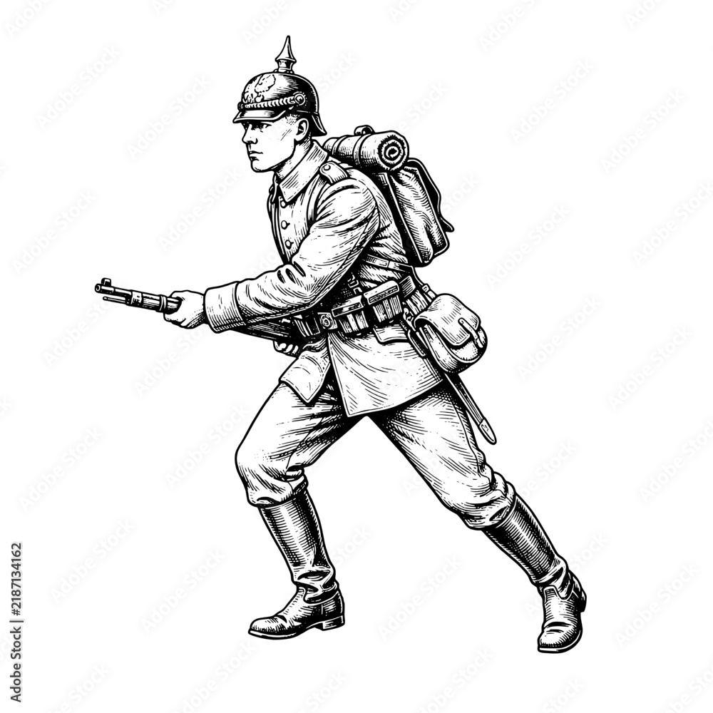 Obraz premium Engraved illustration of a soldier from the early 20th century walking with a weapon