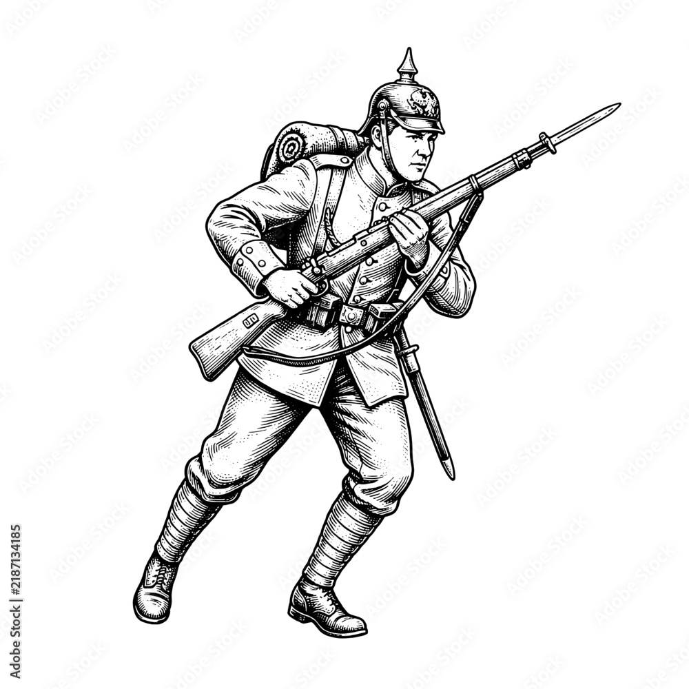 Obraz premium Detailed engraving of a soldier in military uniform holding a rifle while in motion during a battle scene from a historical context