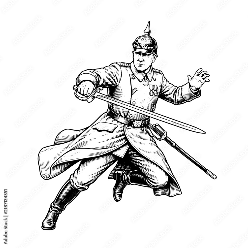 Obraz premium Engraved illustration of a soldier in action with sword in hand from a vintage era