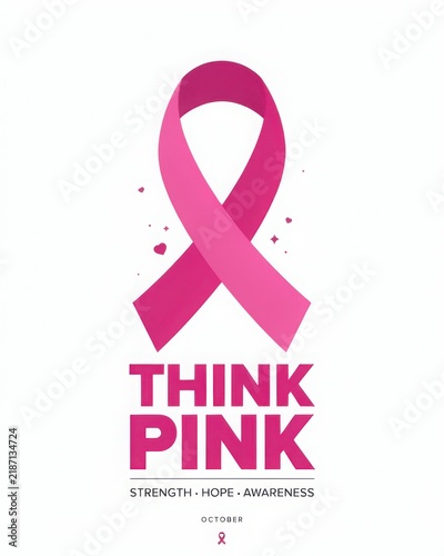 Pink breast cancer awareness ribbon with Think Pink slogan and October month reference