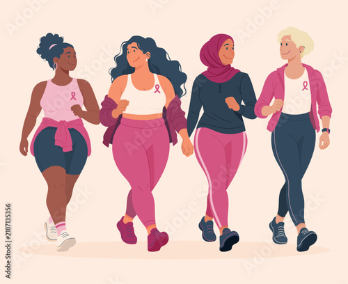 Illustration de quatre femmes diverses participant à une marche solidaire pour Octobre Rose. Mobilisation, activité physique, prévention et soutien contre le cancer du sein.