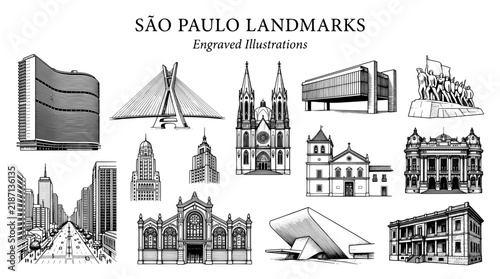 Принти на полотні Engraved illustrations of landmark architecture in Sao Paulo, showcasing various