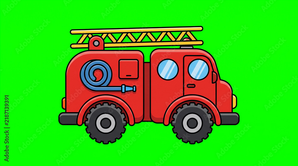 Naklejka premium 2D Flat View of Cute Cartoon Fire Truck Kids Book Vector 