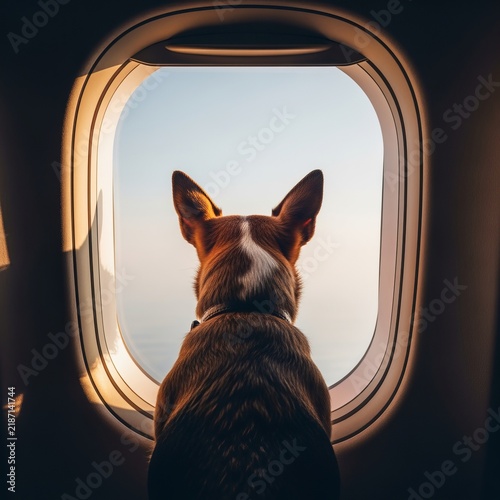 Dog gazing out of cabin window during flight, dreaming of adventures and exploring new destinations