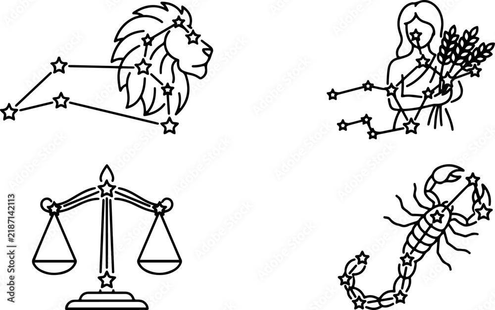 Obraz premium Astrology zodiac signs collection featuring lion and scale symbols in simple line art vector.