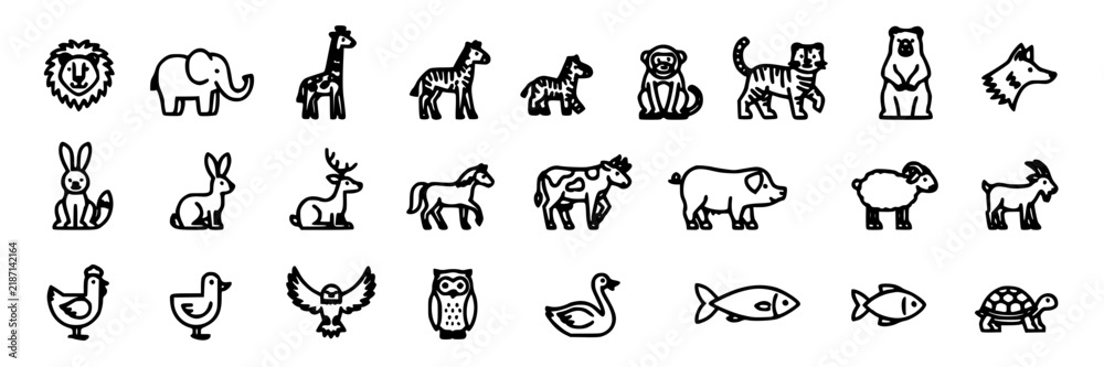 Fototapeta premium Farm Animals Line Icon Pack, Wildlife Illustration Set, Animal Icon Design, Vector Graphics, Conceptual Animal Symbols.