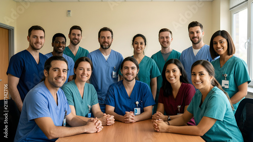 A coherent group of thirteen fictional healthcare workers from varied roles sharing a calm shift-change briefing for healthcare teamwork, workforce wellbeing and hospital-operations campaigns