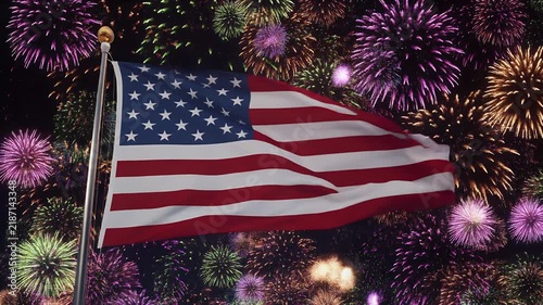 US Flag Waving with Fireworks Display