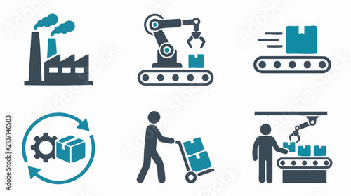 Manufacturing industry, logistics, and automation process flat icons set