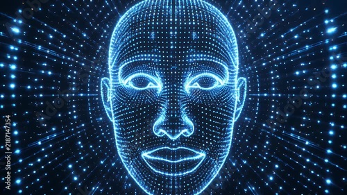 Digital human face composed of blue glowing dots against a dark background.