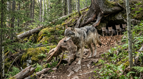 Tapety artystyczne Wolf carrying prey through a dense forest during daytime.