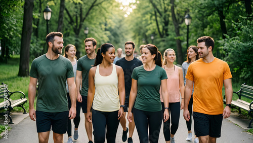 A coherent group of sixteen fictional adults across ages and body types walking together at a conversational pace for social fitness, community health and active-aging campaigns