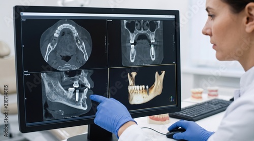 Dentist analyzing CT scan for implant planning with 3D images on computer screen. Medical professional reviews detailed radiographs for precise dental implant placement.