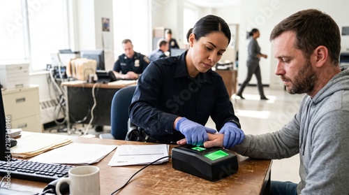 Police officer fingerprinting suspect in office setting with technology. Police officer utilizes biometric scanner for identification process while suspect cooperates at desk.