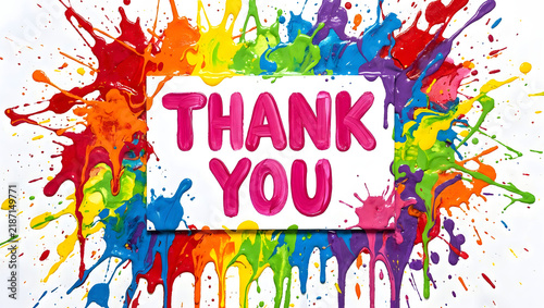 Colorful thank you message written on a white card surrounded by vibrant rainbow paint splashes and drips