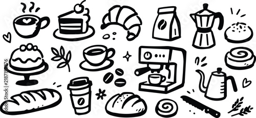 Hand-drawn coffee and bakery doodle set, black and white cafe icons vector, breakfast food and espresso machine illustrations