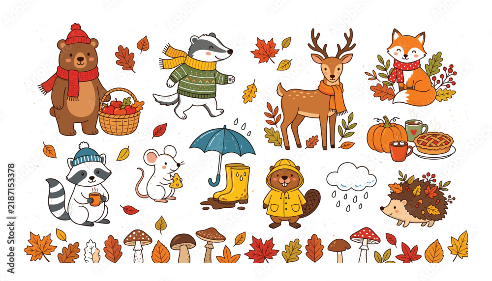Obraz premium Cute autumn woodland animals vector set with cozy forest characters bear fox deer raccoon and colorful fall leaf illustrations