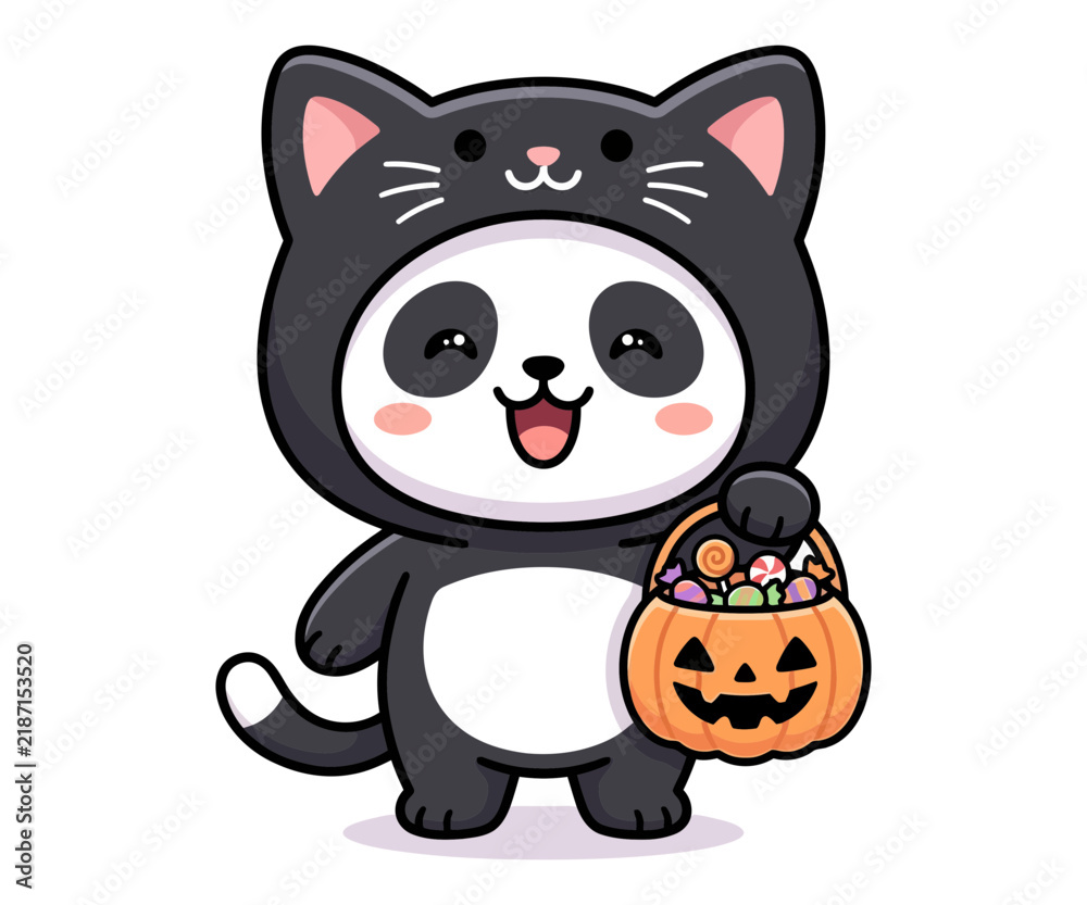 Fototapeta premium Cute Panda Wearing a Black Cat Costume Holding a Jack-o'-lantern Candy Bucket for Halloween Digital Illustration