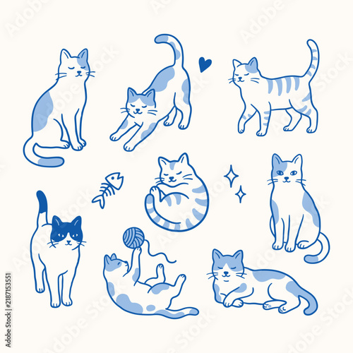 Minimalist blue cat illustration set, hand drawn feline character collection, 8 cute kitten vector icons for pet branding