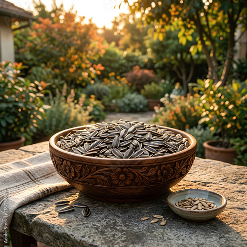 Decorative Bowl Filled with Sunflower Seeds in Garden Setting.