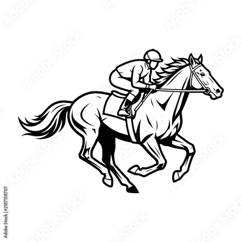Black and white illustration of jockey riding galloping racehorse