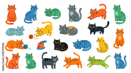 Colorful hand drawn cat icons set, flat vector illustration of 20 cute kittens in various poses, playful feline characters with yarn balls, vibrant pet animal collection for nursery decor