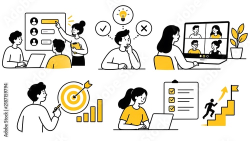 Minimalist, black-and-white characters with yellow task assignment, decision making, video conference, goal setting, and action items on white background