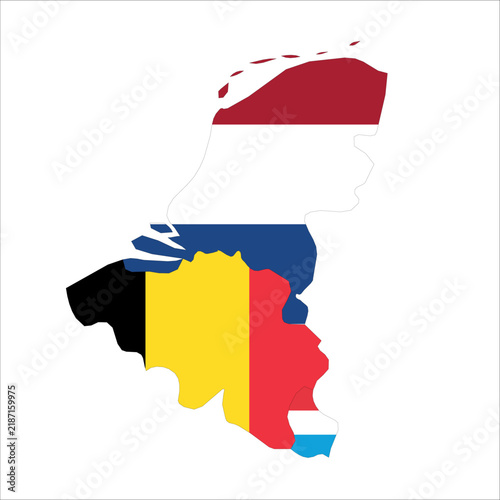 Flag map outline shape of Benelux - Netherlands, Belgium, and Luxembourg. Flags of countries fill the shapes with their colors. Symbol of regional cooperation, identity and partnership