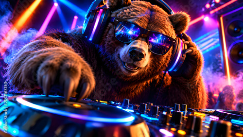 Cool Neon Party DJ Bear Wearing Headphones and Sunglasses – Funny Animal Musician Character