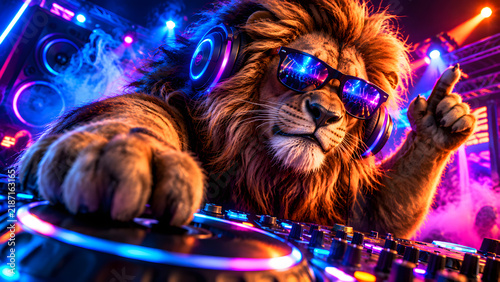 Cool Neon Party DJ Lion Wearing Headphones and Sunglasses – Funny Animal Musician Character