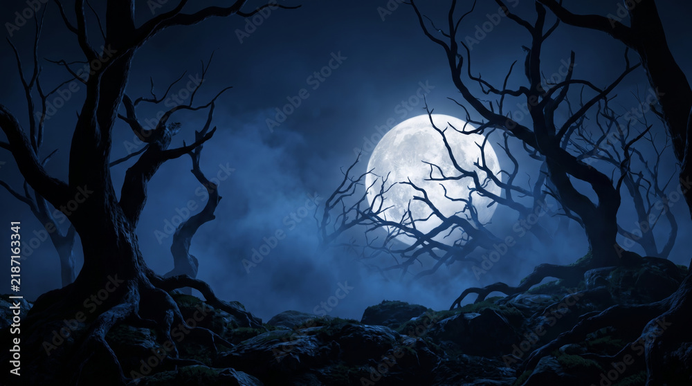Obraz premium Branch halloween background dry tree moonlight night forest fog spooky landscape. Creepy eerie gothic horror forest. old wood tree branch root, mysterious dramatic fantasy skittish