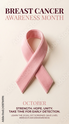 Breast cancer awareness month poster with a pink ribbon symbol for medical support and early detection.