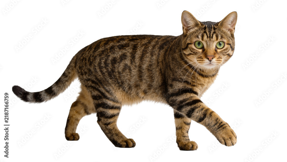 Fototapeta premium Tabby cat with green eyes walking, isolated on transparent background