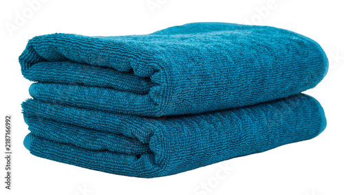 Canvas Print Two folded plush teal bath towels soft texture, isolated on transparent backgrou
