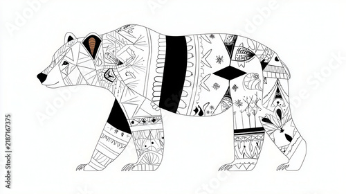 Simple coloring illustration of bear featuring intricate patterns and designs, showcasing creativity and artistic expression