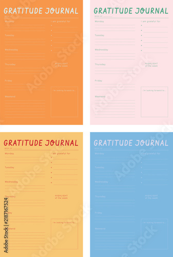 Gratitude Journal and thankful planner. Minimalist planner template set. Vector illustration.