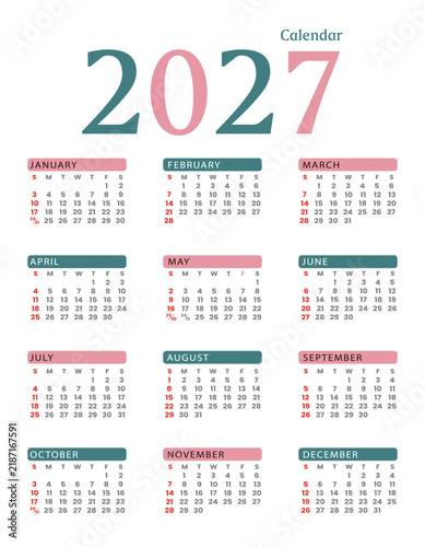 2027 calendar template, yearly planner, simple design with pastel color background.