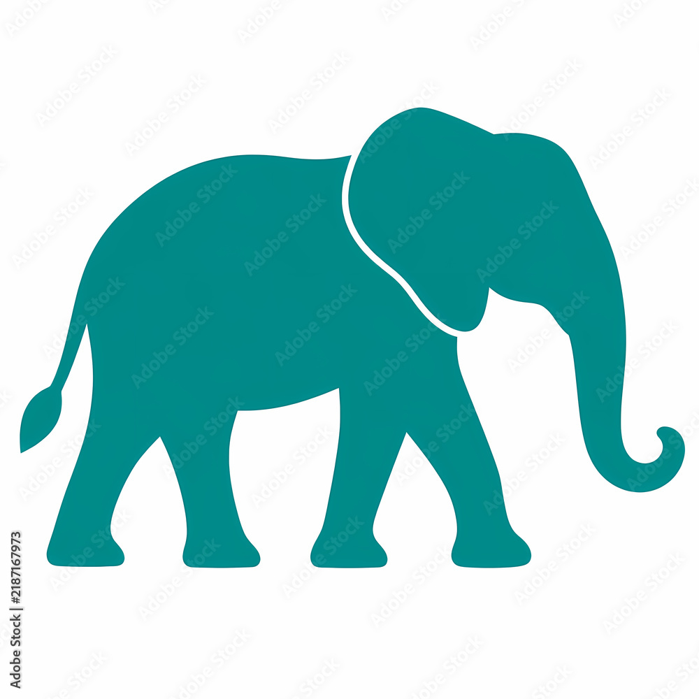 Fototapeta premium Teal elephant stencil vector illustration, wild African animal side view silhouette isolated on white background